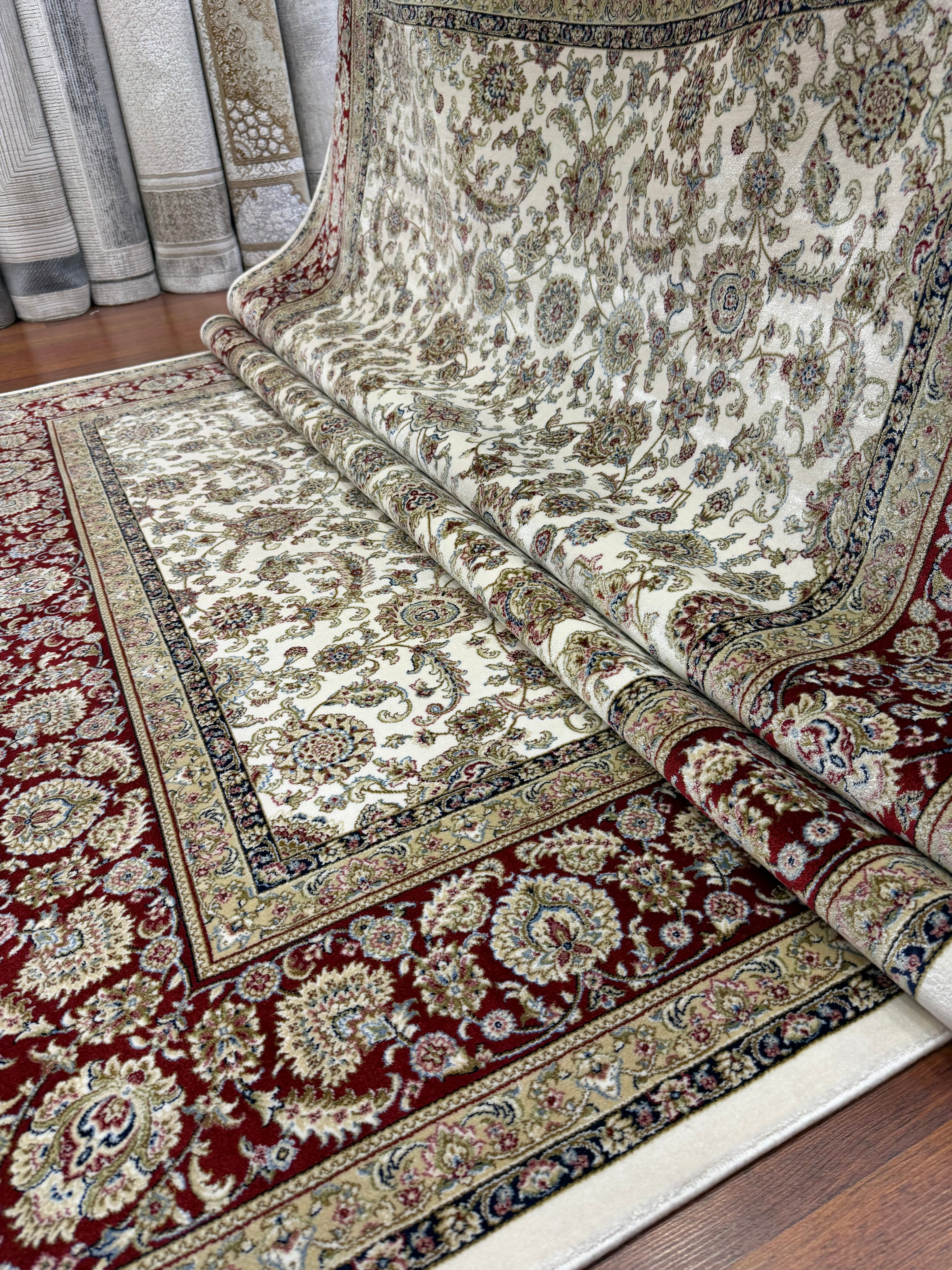 Brand New 7x10 Ft Luxury Turkish Silk Blend Rug – Ivory Burgundy Oriental Area Carpet