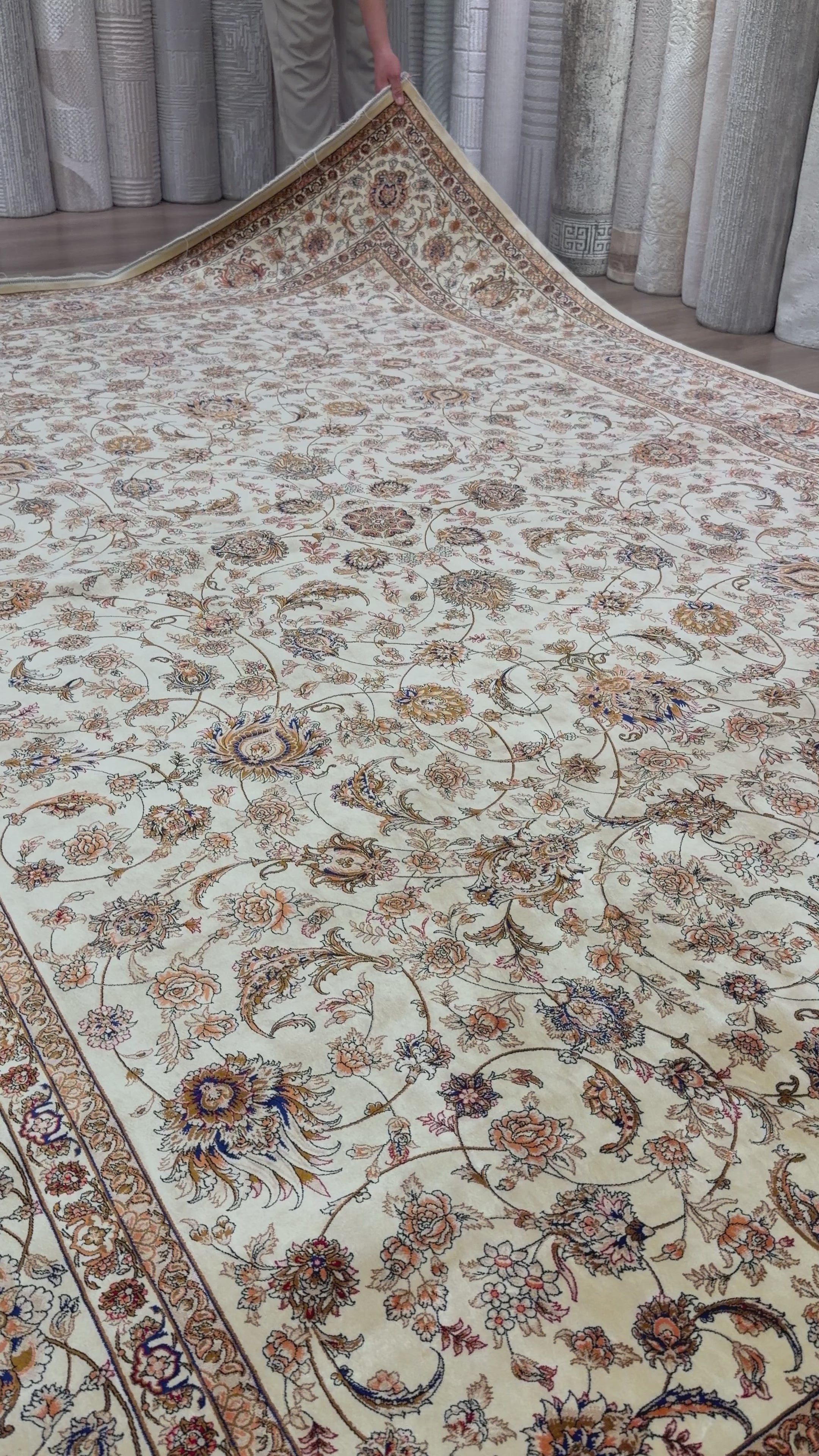Luxury Turkish Silk Rug 7x10 Ft Beige Ivory Oriental Area Carpet Handmade Fringe