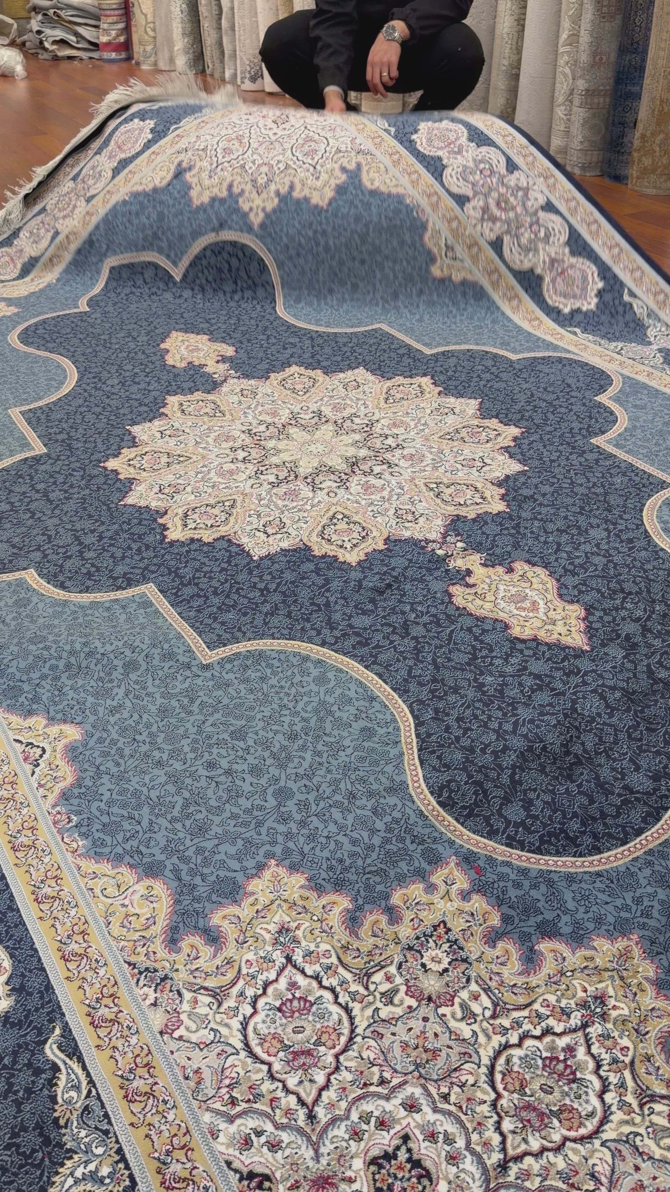 Luxury Turkish Silk Rug 7x10 Ft Navy Blue Ivory Persian Oriental Area Carpet New