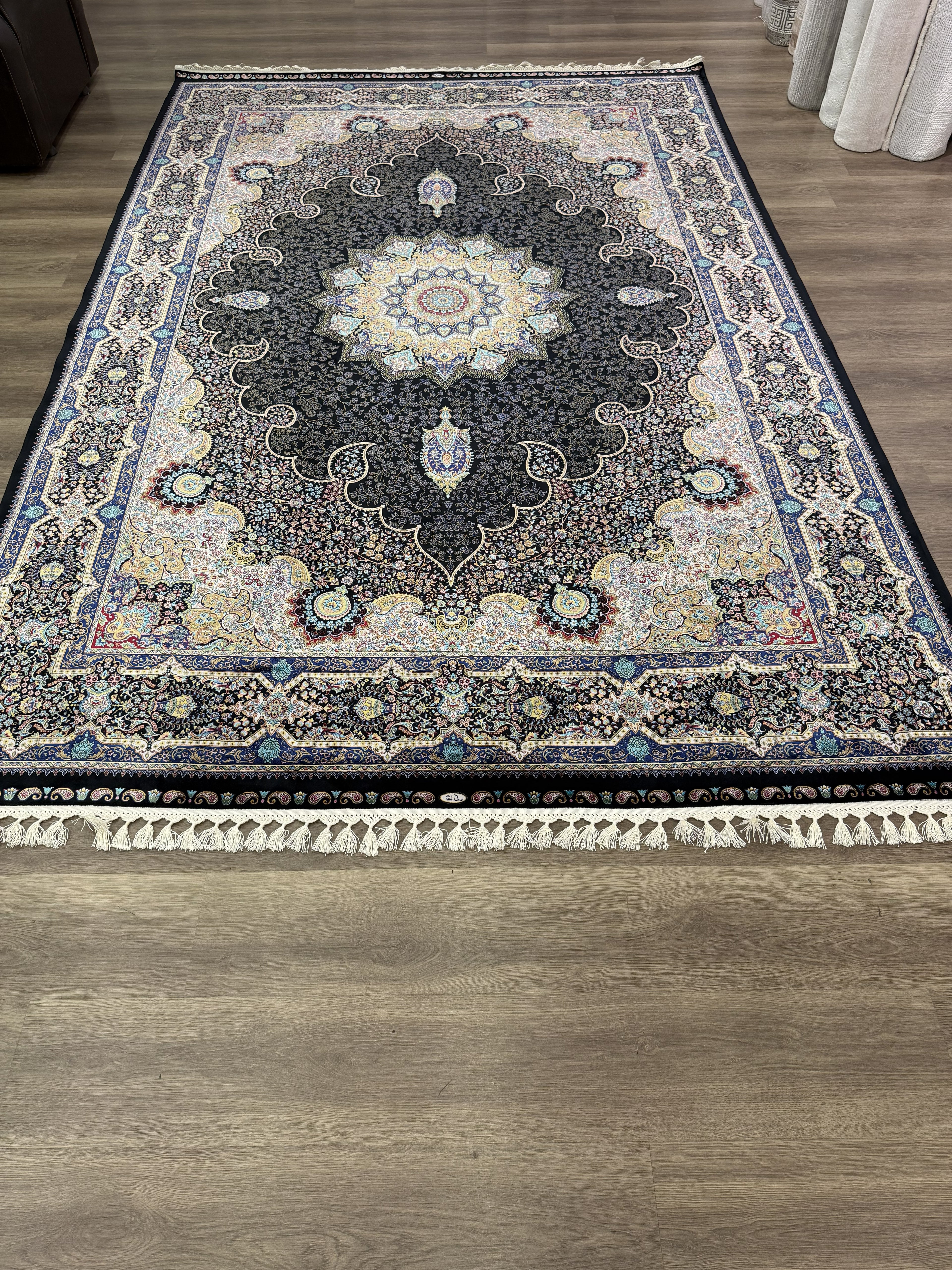 Brand New 7x10 Ft Luxury Turkish Silk Blend Rug – Black Oriental Medallion Carpet